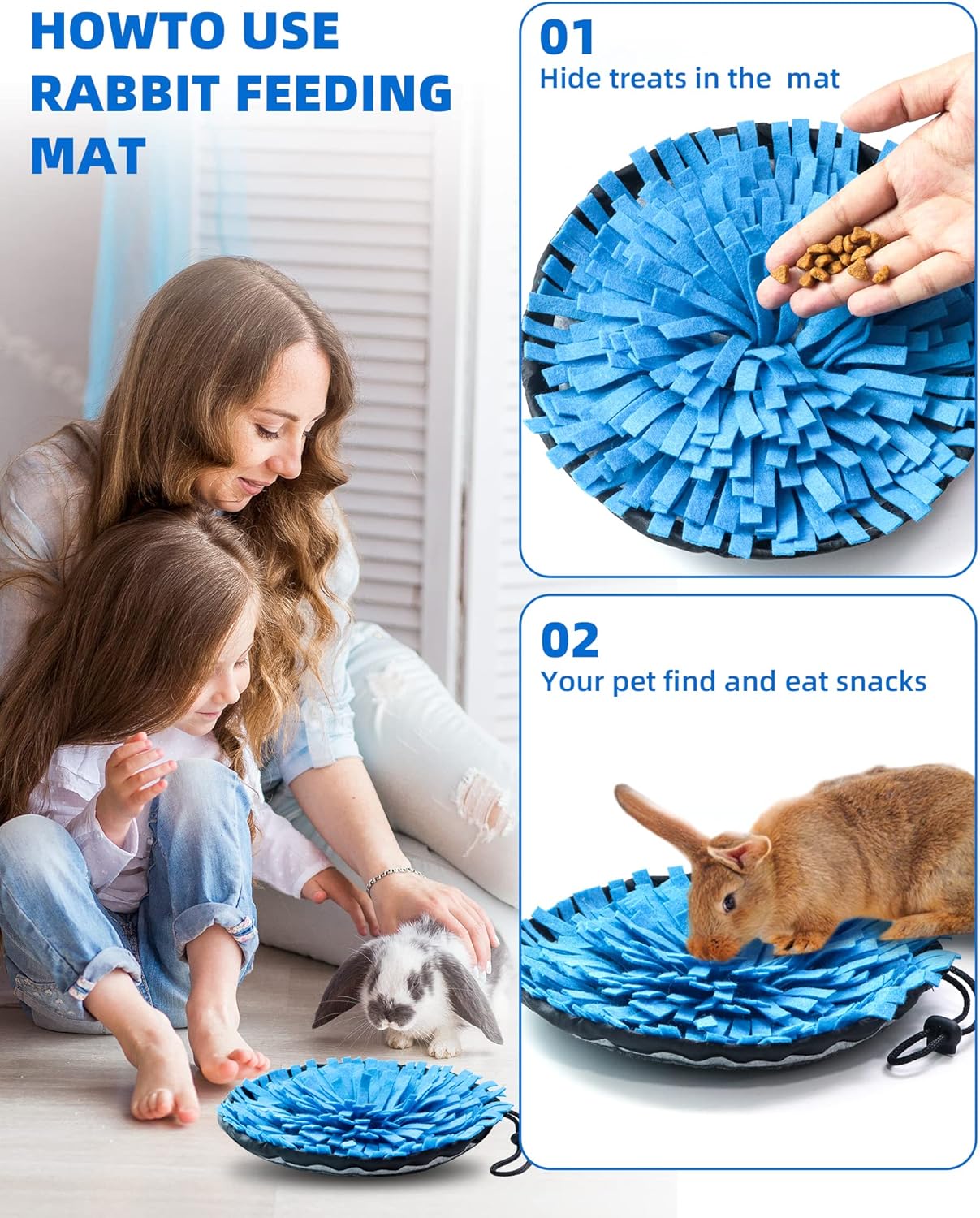 Rabbit Foraging Mat, Interactive Feed Game for Boredom, Small Pet Puzzle Toy, OVMKOV 9.44" x 9.44" Polar Fleece Snuffle Pad Bed Nosework Feeding Mat for Bunny Hamster Guinea Pigs Ferrets Chinchillas