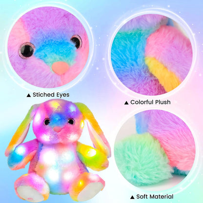 Hopearl LED Plush Bunny Colorful Lighting Up Stuffed Animal Rabbit Floppy Night Lights Glow in The Dark Birthday Festival for Kids Toddler Girls, Rainbow, 10''