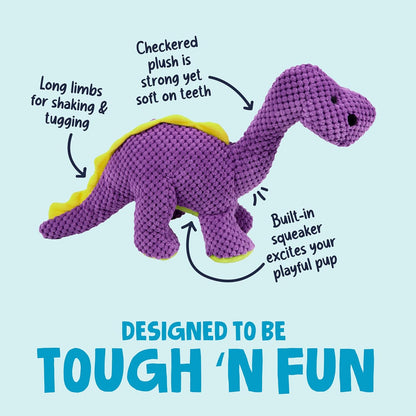 goDog Dinos Bruto Checkers Tough Plush Toy with Chew Guard Technology, Durable Checkered Fabric & Squeaker for Active Play, Purple, Large