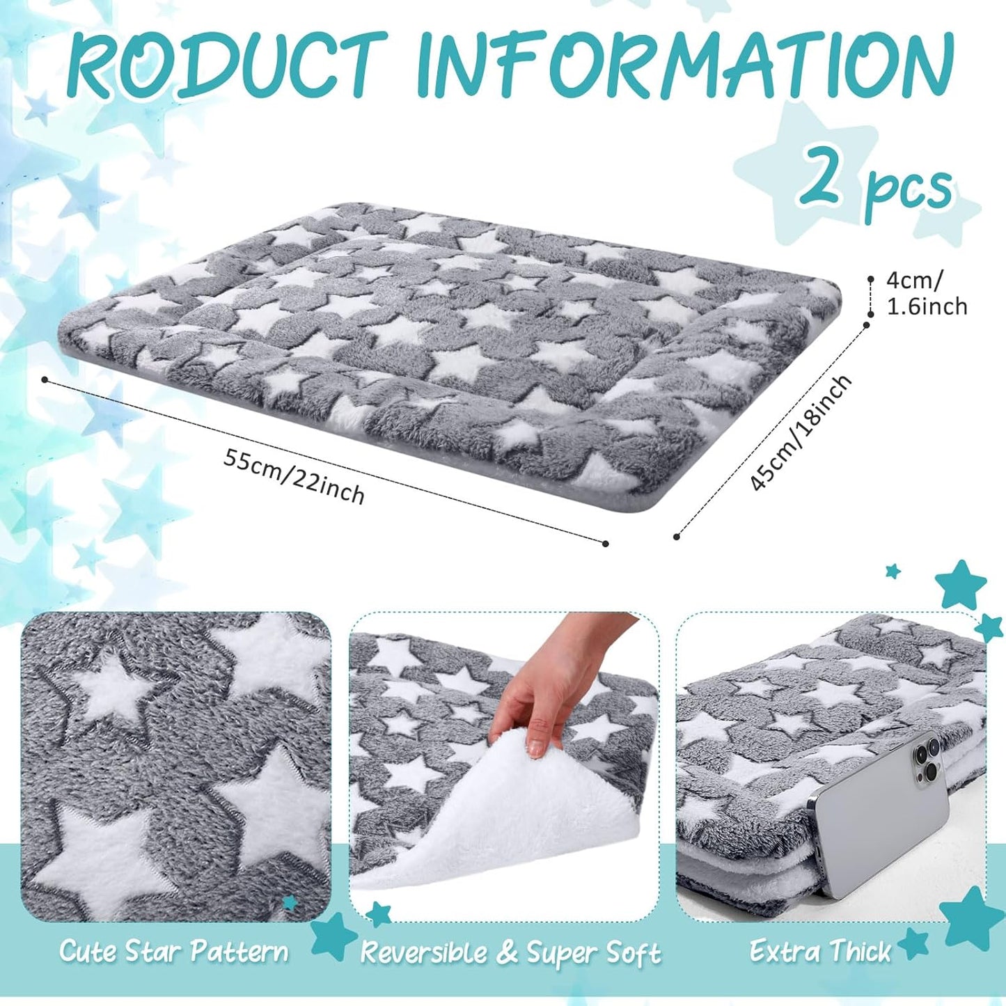 VitalCozy 2 Pack Self Warming Cat Mat Self Heating Pad Bed Reversible Machine Washable Reflects Body Heat Warm Thermal Pet Pad Crate Blanket for Feral and Indoor Cat(Star,22'' X 18'')