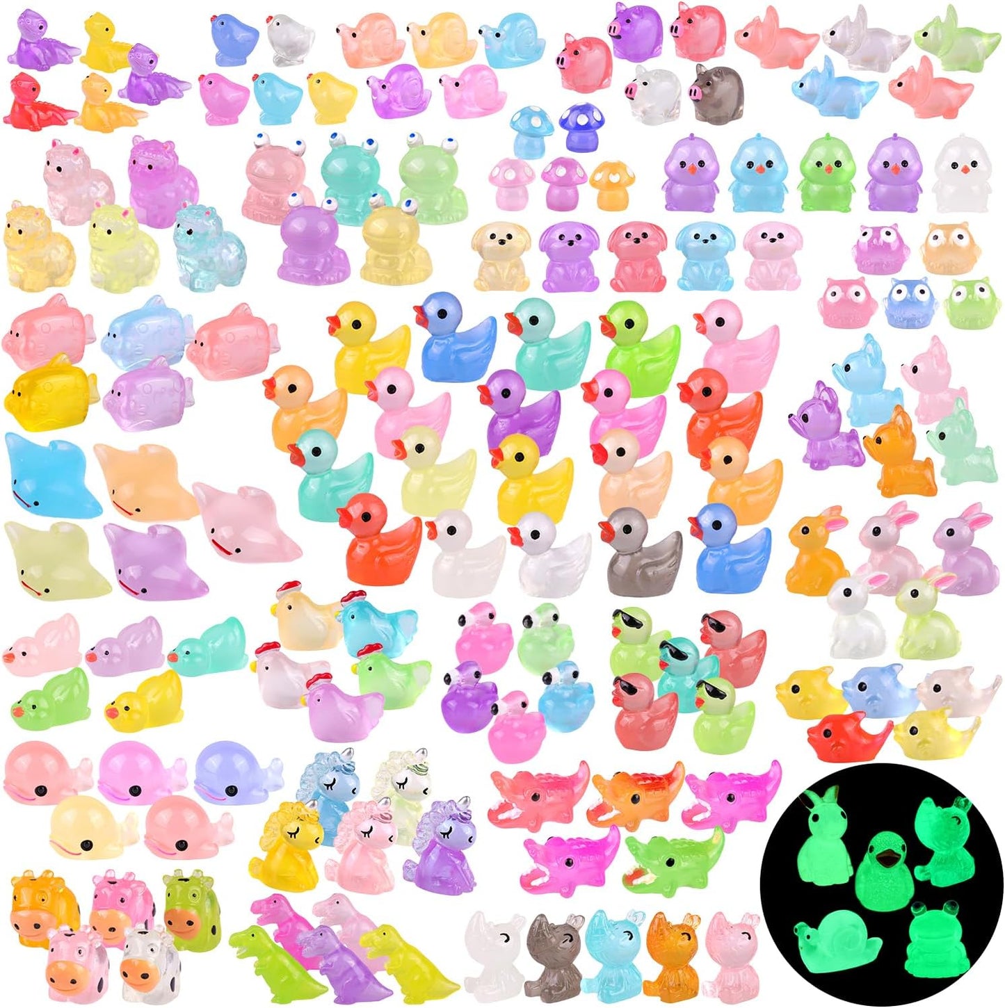 150PCS Mini Resin Animals Tiny Cute Figurines Glow in Dark, Miniature Figures to Hide, Little Animal Toys Small Accessories for Topper Desk Garden Dollhouse Landscape Aquarium Ornaments Crafts & Decor