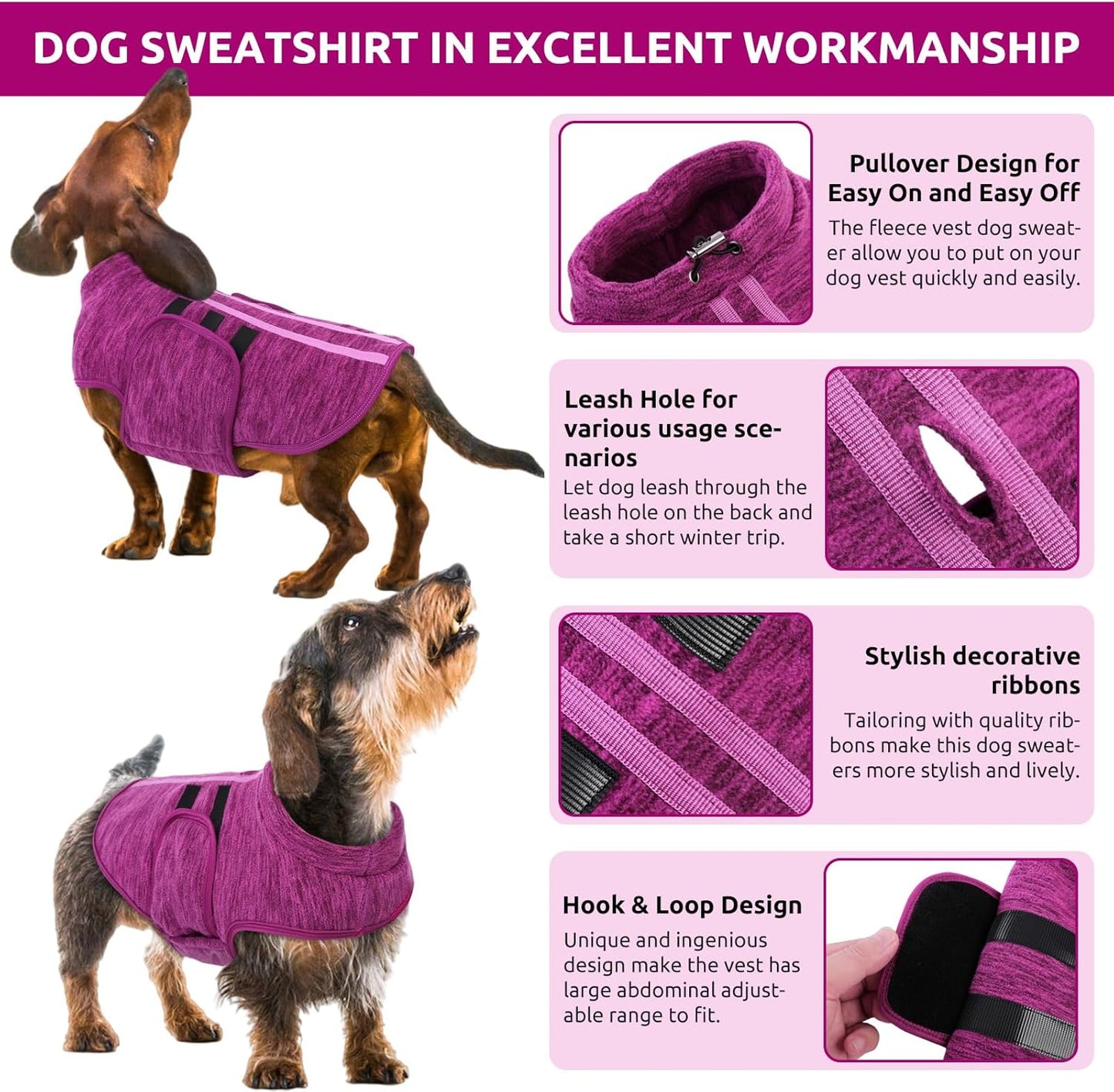 Queenmore Small Dog Sweaters, Soft Fleece Vest Pullover Dog Jacket with Leash Hole, Warm Winter Dogs Clothes Cold Weather Doggy Dachshund Sweater for Small Doggy Cats Boy or Girl (Cationic Berry, S)