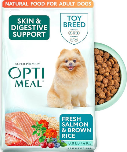 Optimeal Toy Breed Dry Dog Food – Small Kibble for Small Dogs, High Protein, Natural Ingredients, Skin & Digestive Support, Premium Nutrition – Salmon & Brown Rice, 8.8 lbs