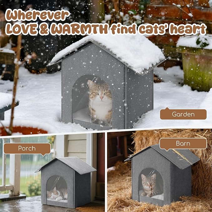 Outdoor Cat House Weatherproof, Insulated Cat Houses for Outdoor/Indoor Cats for Winter, Waterproof Feral Stray Cat Shelter with Warm Cushion and Door Curtain, Easy to Assemble, Grey