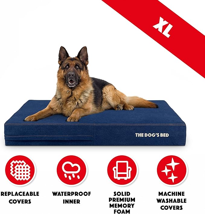 The Dog’s Bed Orthopedic Memory Foam Dog Bed, XL Blue Denim, Pain Relief for Arthritis, Hip & Elbow Dysplasia, Post Surgery, Lameness, Supportive, Calming, Waterproof Washable Cover