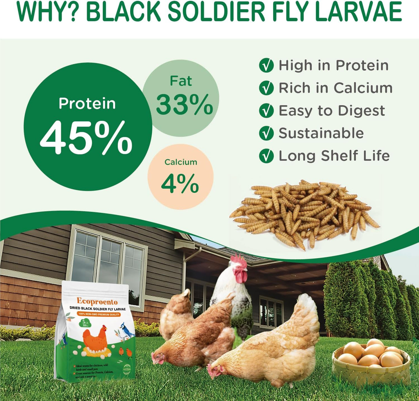 Dried Black Soldier Fly Larvae 5 LB, High Protein Natural Non-GMO More Calcium Than Mealworms Chicken Feed & Bird Food, Treats for Laying Hen, Ducks, Wild Birds