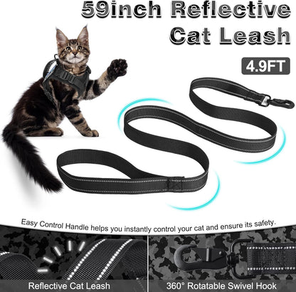 Tactical Cat Harness and Leash for Walking Esacpe Proof,Adjustable Soft Mesh Large Cat Vest with Rubber Handle Easy to Control,Molle Patches