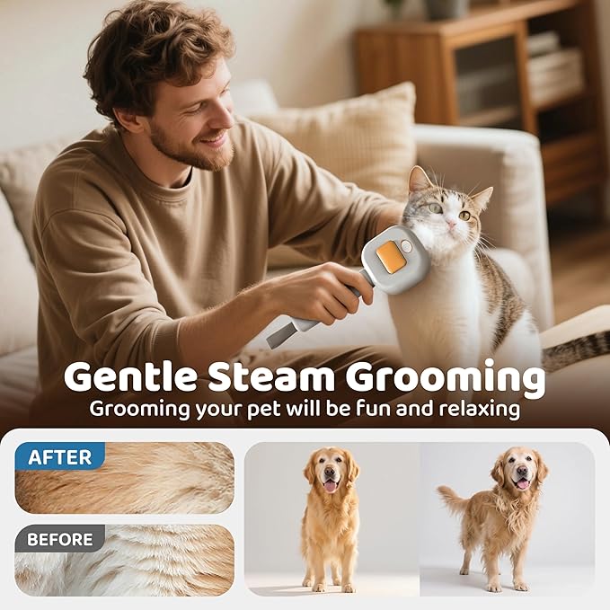 3 in 1 Cat Brush - Dog Brush, Steam for Shedding & Grooming, Indoor & Outdoor Shedding Spritz Comb for Long & Short Hair Cats & Dogs, Cat Steam Brush - Includes Waterless Shampoo, Orange