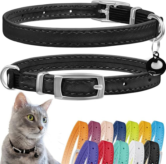 CollarDirect Leather Cat Collar with Bell - Kitten Collar, Small and Big Cat Strap for Boy Cats, Girl Cats with Safety Elastic Strap (Neck Fit 8"-11", Black)