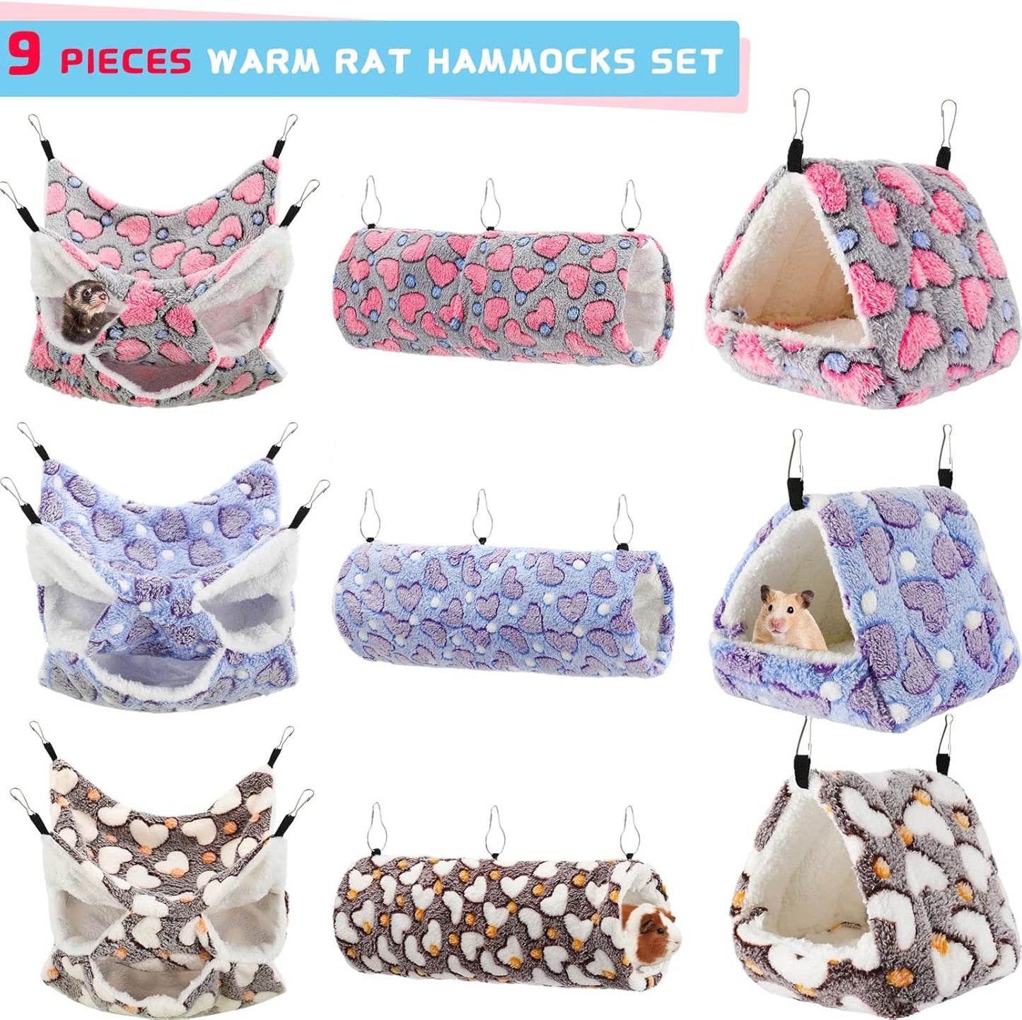 Abbylike 9 Pieces Rat Hammock 3 Tier Guinea Pig Ferret Hammocks Small Pet Hanging Tunnel Glider Toy Guinea Pig Ferret Hideout Bed Cage Accessories for Hamster(Purple, Brown, Gray,Heart)