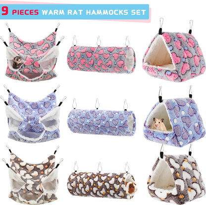 Abbylike 9 Pieces Rat Hammock 3 Tier Guinea Pig Ferret Hammocks Small Pet Hanging Tunnel Glider Toy Guinea Pig Ferret Hideout Bed Cage Accessories for Hamster(Purple, Brown, Gray,Heart)