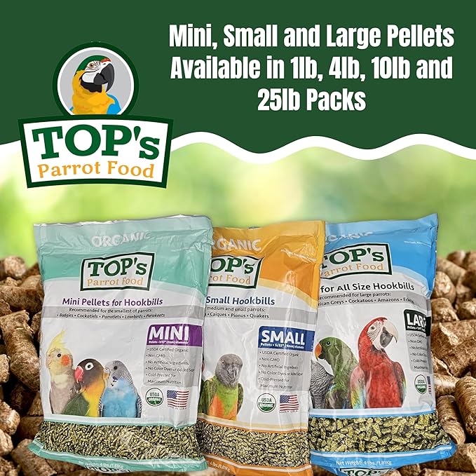 TOP's Parrot Food Mini Pellets Bird Food for Budgies, Cockatiels, Parrotlets, Lovebirds, Parakeets - Non-GMO, Peanut Soy & Corn Free, USDA Organic Certified - 1 lb