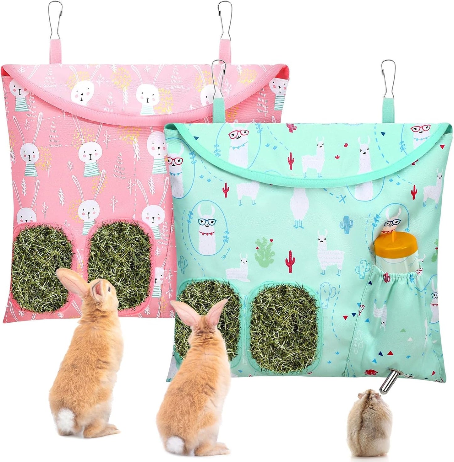 UPINS 2 Pack Hay Bag for Rabbits 2-Hole Hanging Hay Feeder Guinea Pig Hay Bags, Hay Feeder for Rabbits Chinchillas Hamsters Small Pets and Animals