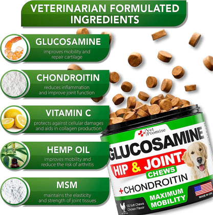 (2 Pack) Glucosamine for Dogs - Hip and Joint Supplement for Dogs - Glucosamine Chondroitin - Joint Pain Relief Pills - MSM - Hemp Oil - Advanced Health Support Supplement - 240 Mobility Chews