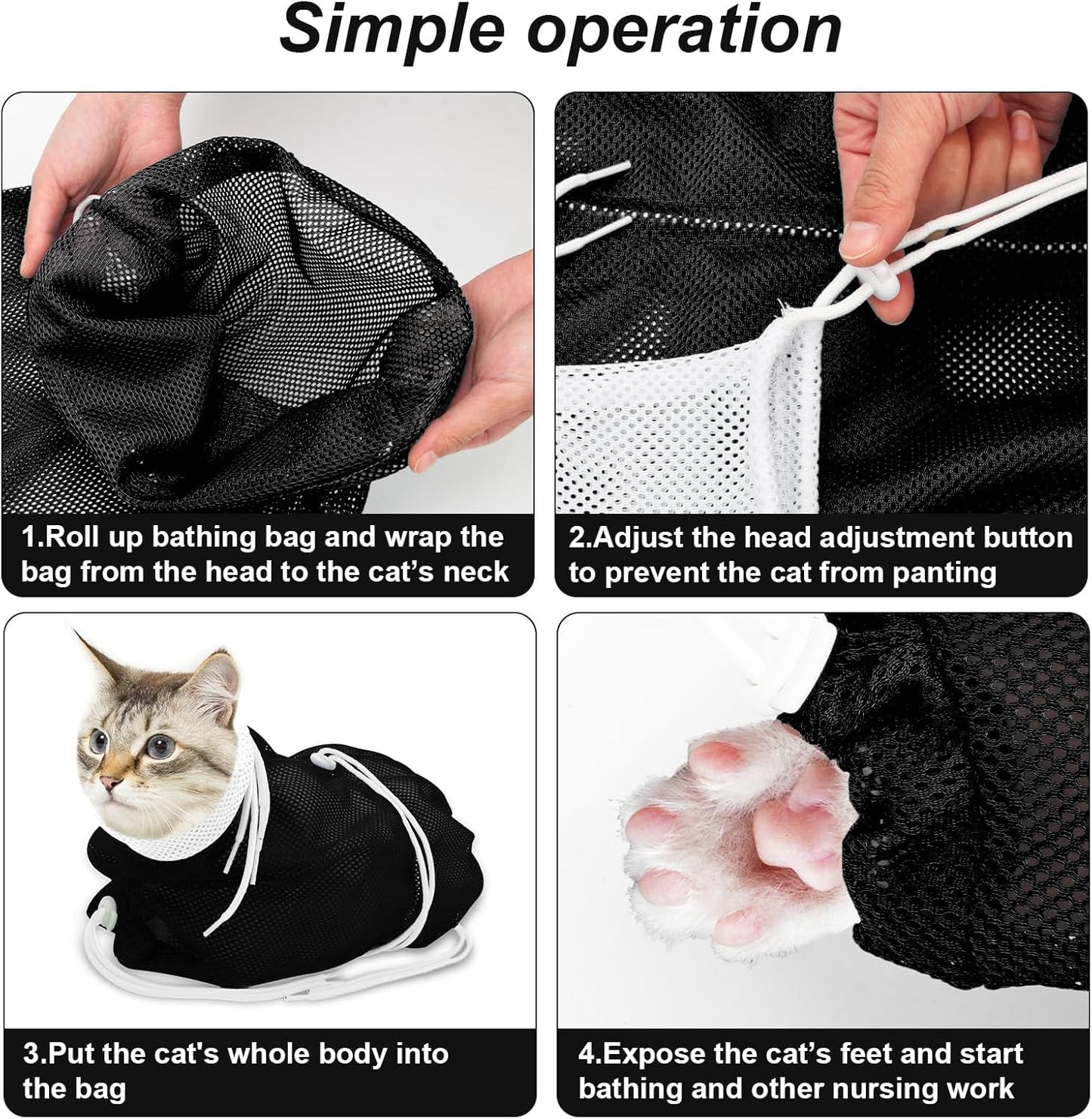 Cat Bathing Bag, Breathable Mesh Cat Shower Bag Anti Scratch Adjustable Cat Grooming Bag for Nail Trimming, Bathing Polyester Soft Cat Washing Bag (White- Black)