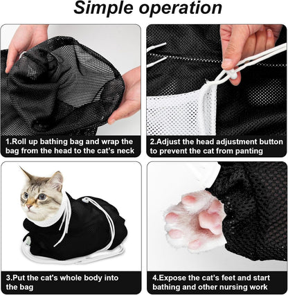 Cat Bathing Bag, Breathable Mesh Cat Shower Bag Anti Scratch Adjustable Cat Grooming Bag for Nail Trimming, Bathing Polyester Soft Cat Washing Bag (White- Black)