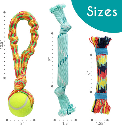 rocket & rex Dog Chew Toy Set for Small to Medium Breeds, Includes a Rope, Rubber Squeaker and Plush Toy with Ball, Reduces Destructive Chewing & Anxiety (Pack of 3)