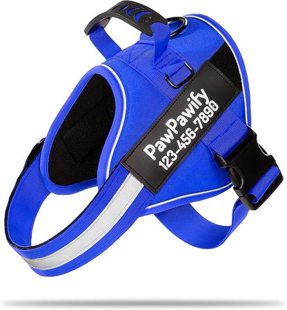 PawPawify Custom No Pull Dog Harness with Name and Phone Number, Heavy Duty Personalized Pet Vest to Prevent Tugging, Pulling, or Choking, Training and Walking (New Blue, S (10-19LBS))