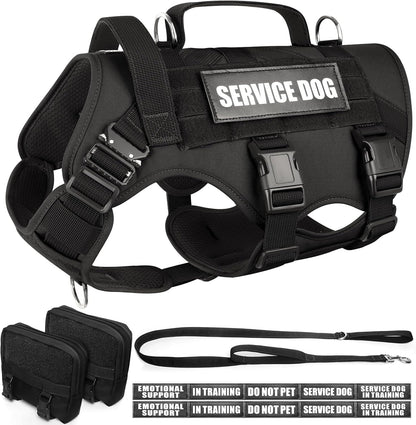 WINSEE Tactical Dog Harness with Dog Leash, Service Working MOLLE Vest with 10 Pet Patches for Large Dog, No Pull Military Harness and Backpack for Training Hunting Walking
