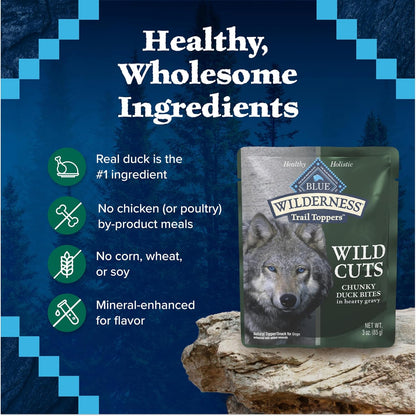 Blue Buffalo Wilderness Trail Toppers Wild Cuts Natural High-Protein Dog Wet Food, Duck Bites in Hearty Gravy, 3-oz Pouch, 24 Count
