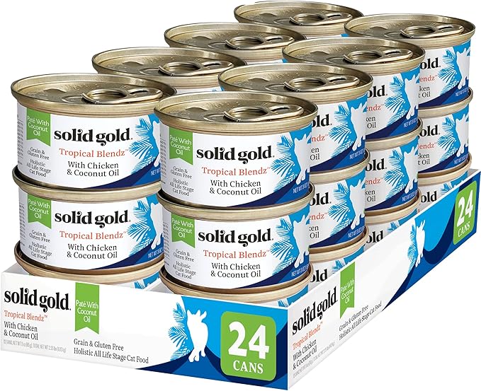 Solid Gold Wet Cat Food Pate in Coconut Oil - Healthy Canned Cat Food Pate w/Real Chicken, Omega Fatty Acids, Vitamins & Minerals - Grain Free & Gluten Free Canned Meals for Cats & Kittens - 24ct/3oz