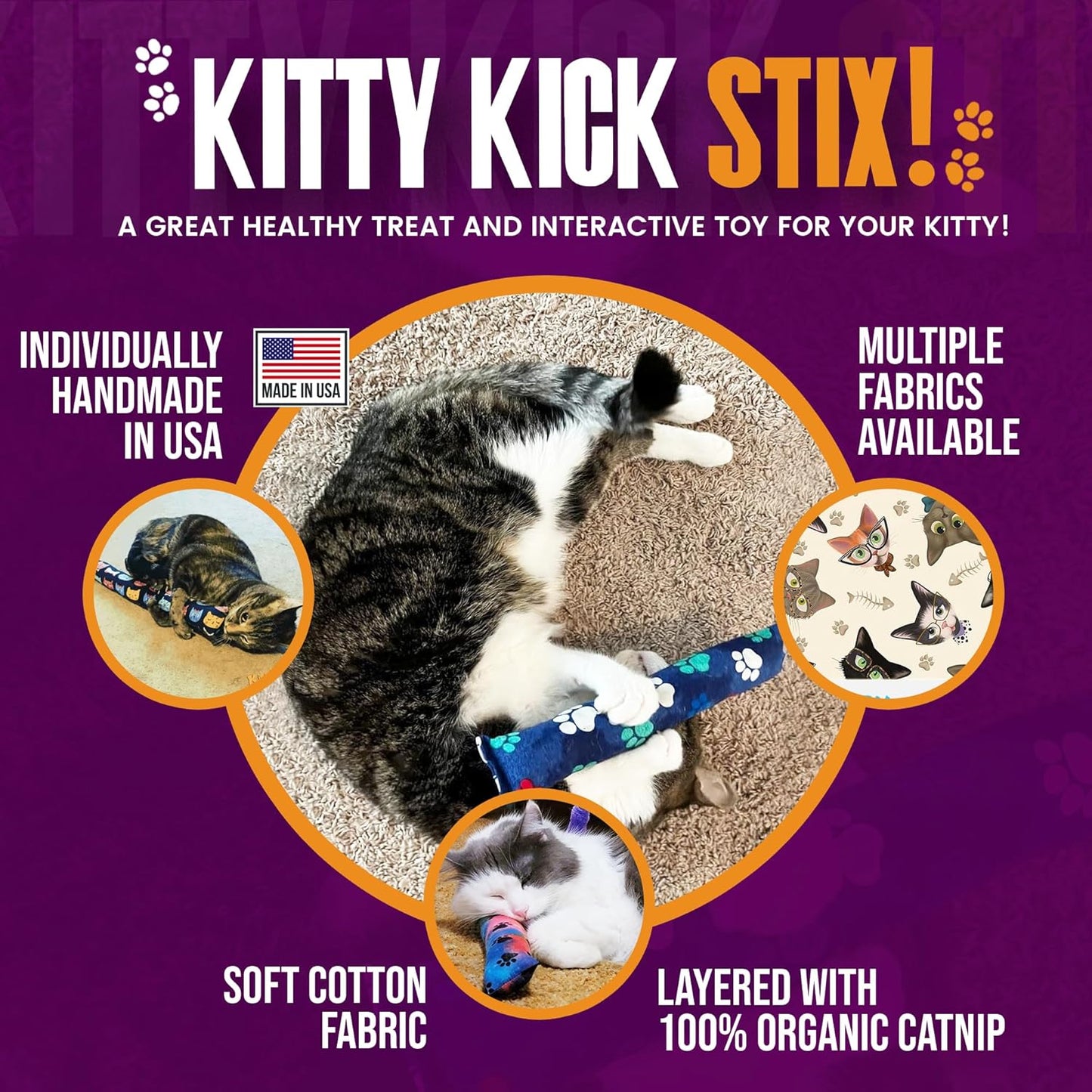 Kitty Kick Stix 15" Original Catnip Kicker Toy (Set of 2), Handmade in USA by Cat Lovers, Interactive Natural Cat & Kitten Toy, Packed with 100% Potent Catnip for All Breeds (15" +6" Combo)