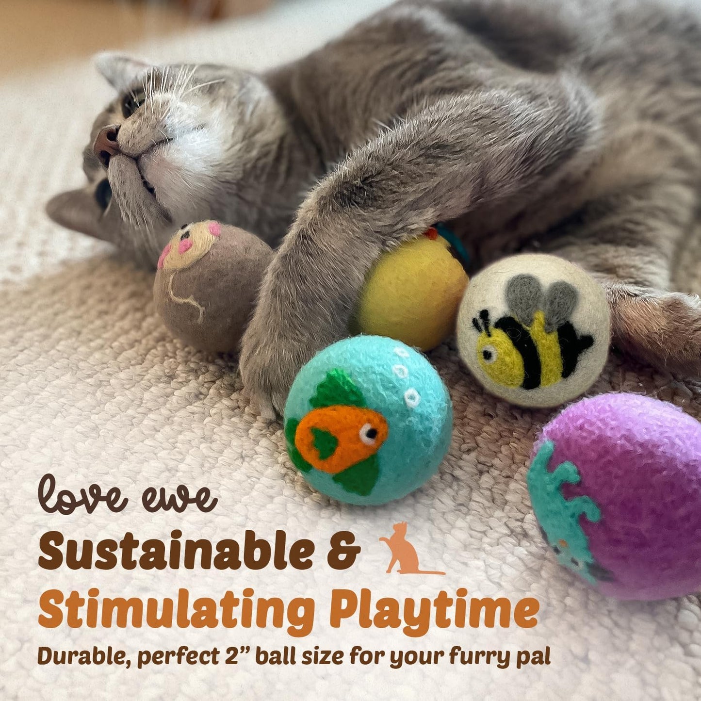 Hustle & Blush Wool Felt Balls - 3 Pack Love Ewe Pet Supplies – 2in Colorful & Durable Cat Toys Handmade from New Zealand, Ideal for Indoor Play and Mental Stimulation – Flower & Bee Design