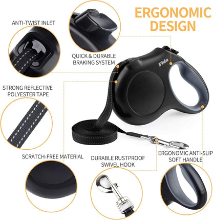 Fida Retractable Dog Leash with Dispenser and Poop Bags, 16 ft Pet Walking Leash for Large Dog up to 110 lbs, Anti-Slip Handle, Tangle-Free, Reflective Nylon Tape (L, Black)