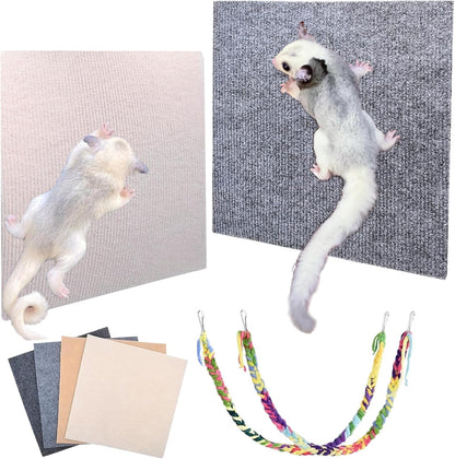 Sugar Glider Toys,4 Pcs Sugar Glider Climbing Mats,Sugar Glider Sharpening Claws Mats with Climbing Ropes Cage Accessories,Cuttable Self-Adhesive Small Animals Pets Scratching Pads Enrichment Toys for
