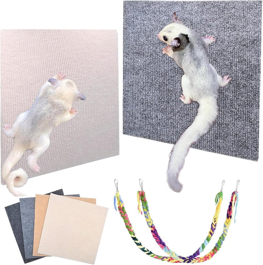Sugar Glider Toys,4 Pcs Sugar Glider Climbing Mats,Sugar Glider Sharpening Claws Mats with Climbing Ropes Cage Accessories,Cuttable Self-Adhesive Small Animals Pets Scratching Pads Enrichment Toys for