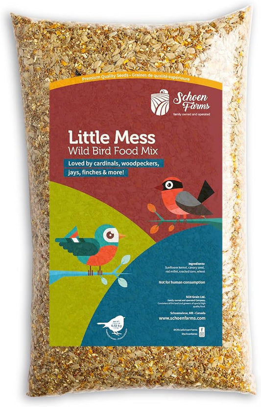Schoen Farms Little Mess Wild Bird Food Mix – 10 lb Bag – No-Waste Seed Blend with Sunflower Hearts & Millet – Clean Backyard Feed for Finches, Jays & Cardinals
