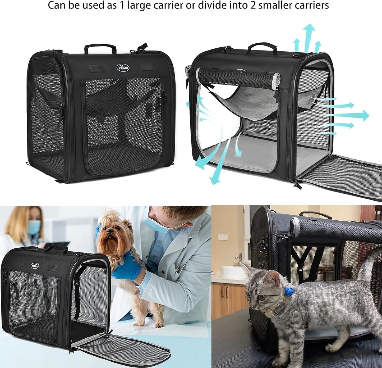 Portable 2-in-1 Pet Carrier for Medium Dogs Large Cat Carrier for 2 Cats Travel Double Dog Crate Set with Portable Carry Bag/Hammocks/Mats/Tent Stakes/2 Pcs Pet Bowls for Outdoor Camping