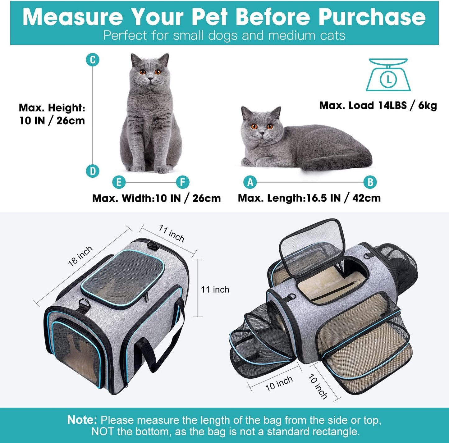 Siivton 4 Sides Expandable Pet Carrier, Airline Approved Soft-Sided Dog Cat Carrier Bag with Fleece Pad for Cats, Puppy and Small Animals (4 Extension Gray_Blue, L:18.0" L x 11.0" W x 11.0" H)