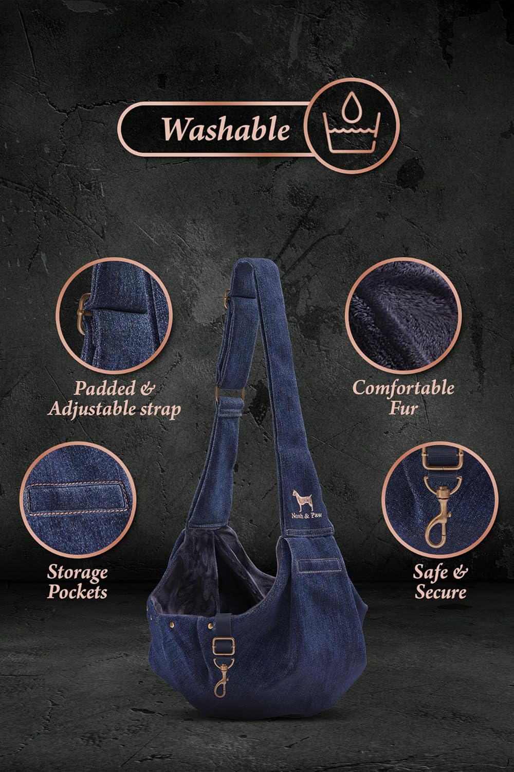 Noah & Paw Dog Sling Carrier for Small Dogs 5-18lb, Dog Sling for Small Dogs and Cats, Dog Carrier with Adjustable Padded Strap, Premium Denim, Lined with Fur, Double Safety Feature, Machine Washable