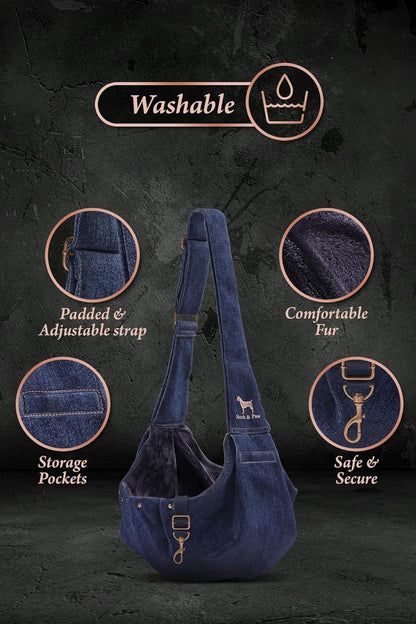 Noah & Paw Dog Sling Carrier for Small Dogs 5-18lb, Dog Sling for Small Dogs and Cats, Dog Carrier with Adjustable Padded Strap, Premium Denim, Lined with Fur, Double Safety Feature, Machine Washable