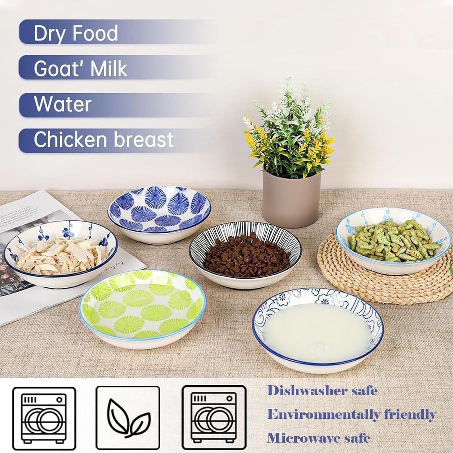 Ceramic Cat Bowls with Non-Slip Silicone Bottom,Prevent Whisker Fatigue,Reduce Mess,Wide Cat Bowls for Indoor Cats,6 Colorful Set for Daily Feeding Gift Choice