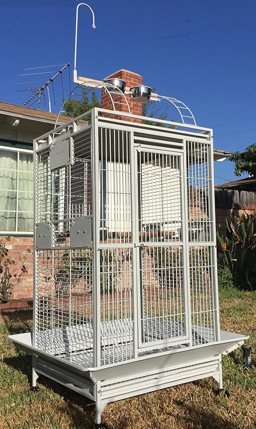 4-Size / 2-Color, Large Double Ladders Open Play Top Wrought Iron Bird Parrot Parttot Finch Macaw Cockatoo Cage, Include Seed Guard and Toy Hook (24" W x 22" D x 63" H White Vein)