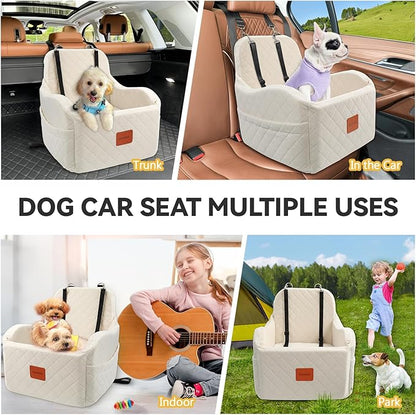 Dog Car Seat for Small Medium Dogs Up to 35lbs, Detachable Washable Soft Pet Booster Travel Bed for Front Seat with Safety Leash Belt (Beige, Medium)
