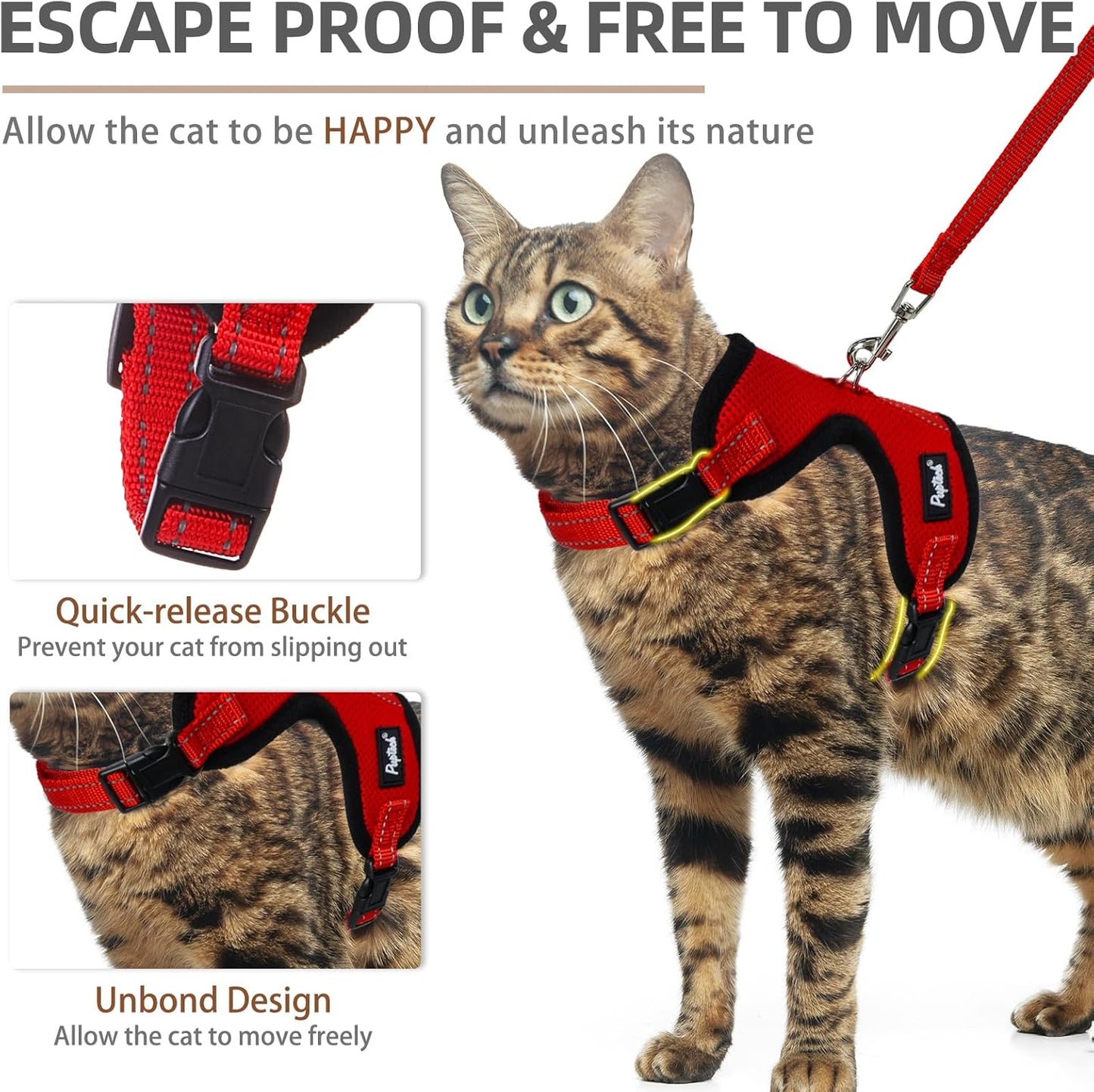 PUPTECK Cat Harness and Leash Set Escape Proof, Reflective Adjustable Soft Mesh Kitten Vest Harness for Walking Travel, Red, S