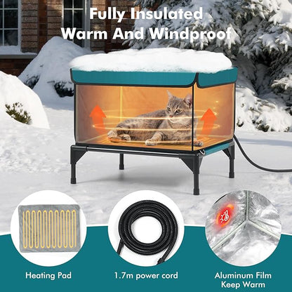 Heated Cat House for Outside Cat in Winter, Insulated Outdoor Feral Cat Shelter with Cat Heating Pad, 2 Doors,Elevated Waterproof Heated Kitty House (Blue, 21.5"x16.5"x18")