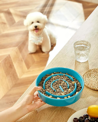 Ceramic Slow Feeder Dog Bowls, 2.0 Cups Slow Feeder for Medium and Large Dogs, Puzzle Maze Bowl to Slow Down Eating, 30oz, 8in, Blue