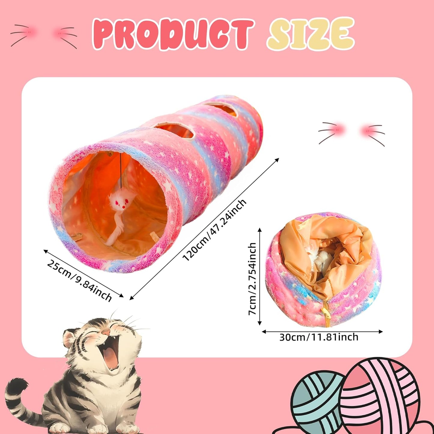 Cat Tunnels for Indoor Cats with Plush Toys Collapsible Glows in The Dark Dog Cat Tunnel Tube Toys Photoluminescent for Indoor Cats Small Dogs Puppy Kitten Rabbit Bunny Ferret Pet Rainbow