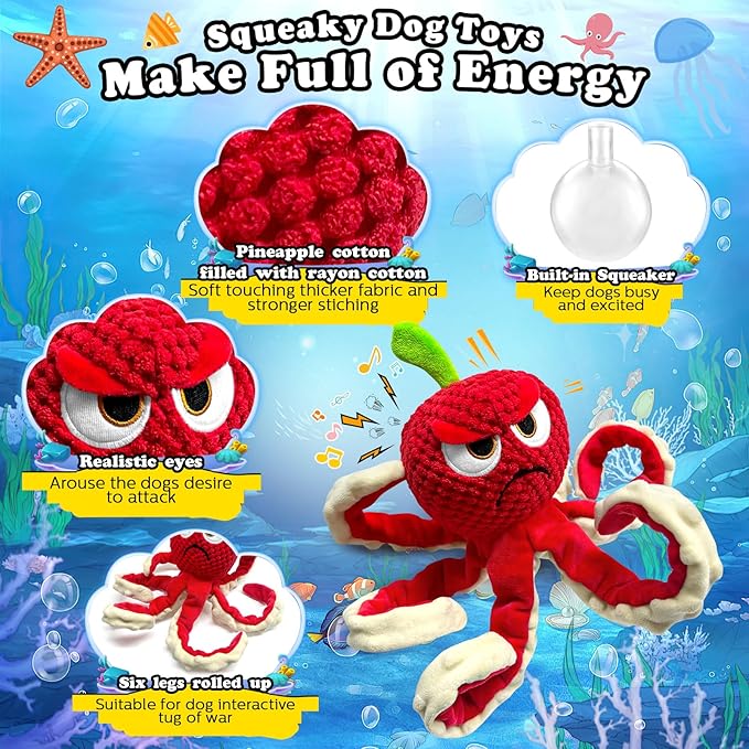 Squeaky Dog Toys Octopus -Plush Stuffed Dog Chew Toys with Soft Fabric for Small Medium and Large Dogs,Interactive Tug of War Puppy Toys to Keep Them Busy