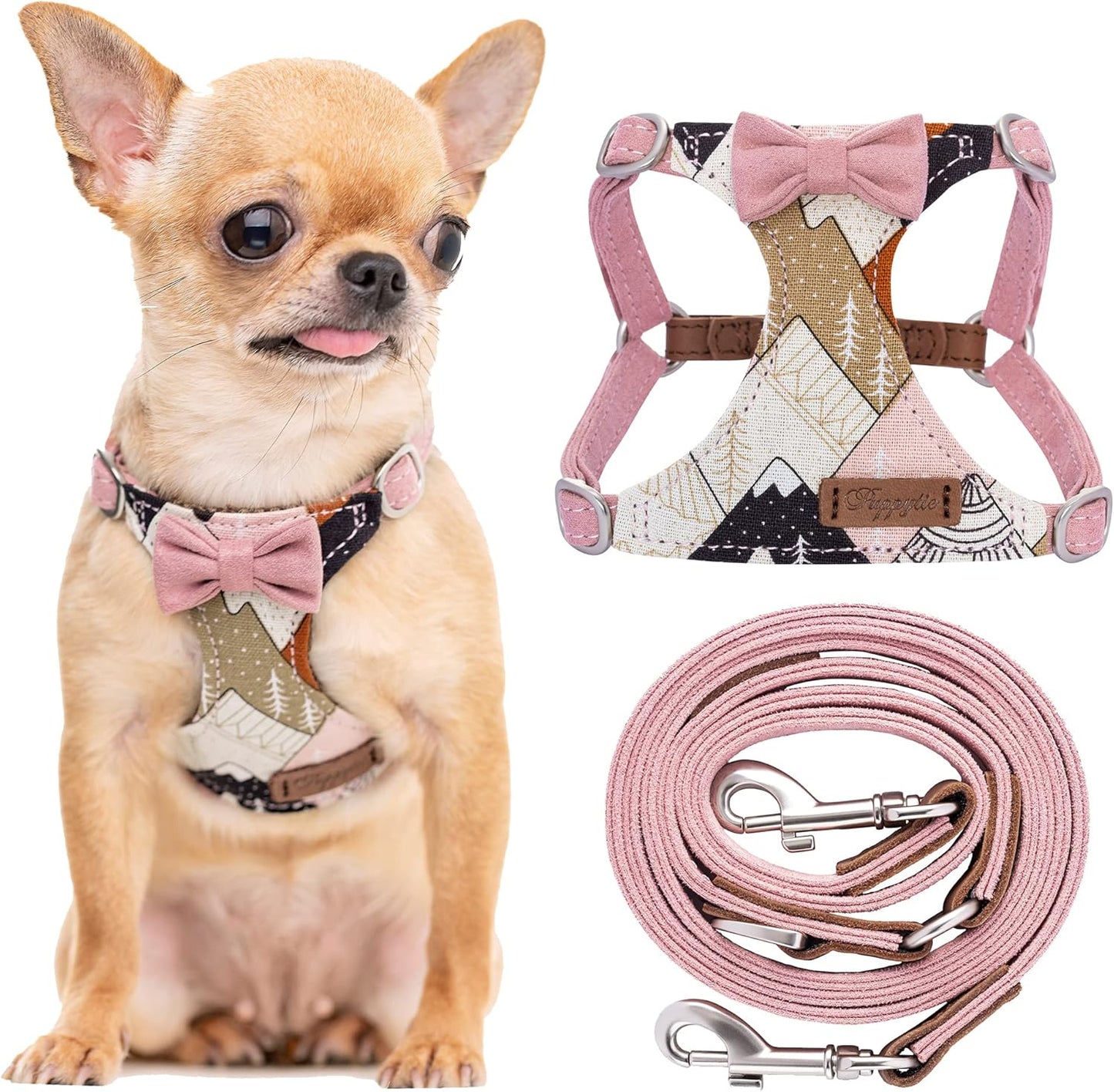 Puppytie No Pull xs Dog Harness with Multifunction Dog Leash,Soft Adjustable No Choke Escape Proof Pet Harness Vest,Suede Bow Pink,XXS