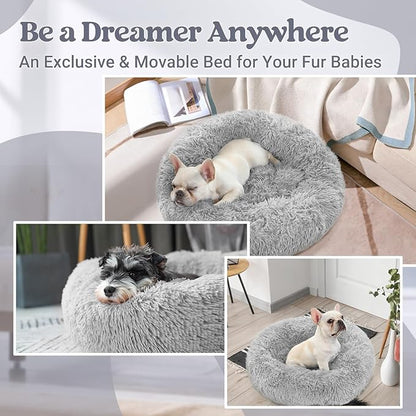 rabbitgoo Dog Bed for Small, 24 inches Machine Washable, Fluffy Donut Pet Bed Anti-Slip, Calming Soft Plush Round Cushion, Fits up to 18 lbs Pets, Light Grey