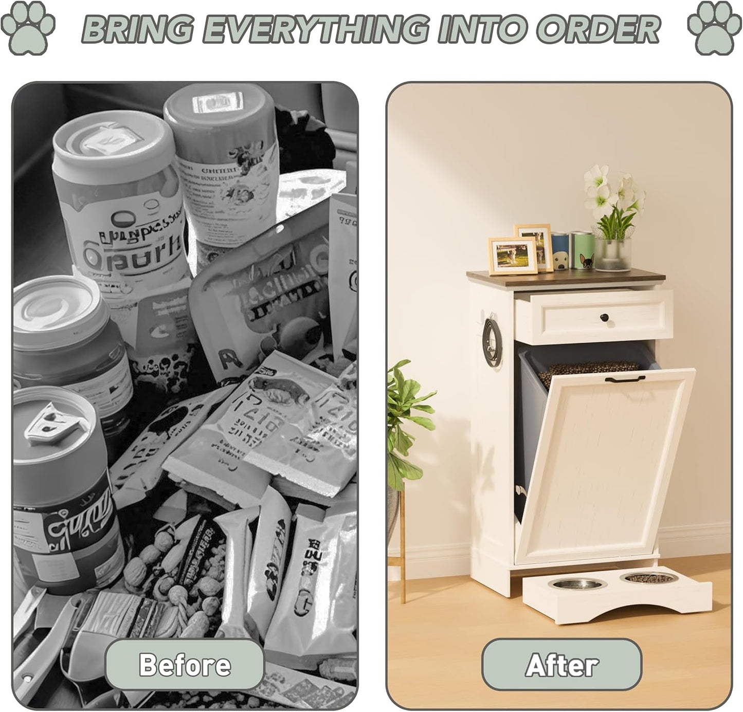 FIMELLO Dog Feeding Station, Tilt-Out Dog Food Storage Cabinet with Drawer,Pet Feeder Cabinet,White Grain