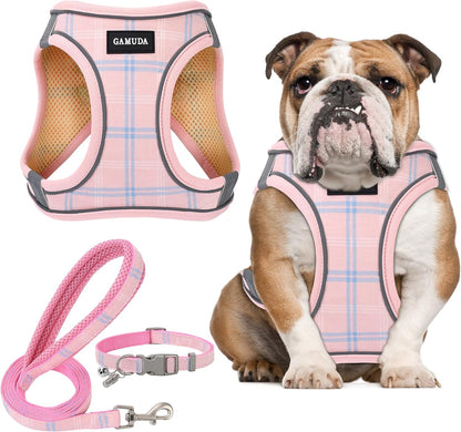 GAMUDA Small Dog Harness Collar and Leash Set, Step in No Chock No Pull Soft Mesh Adjustable Dog Vest Harnesses Plaid Reflective for Dogs Puppy Cats Kitten Rabbit (Pink, L)