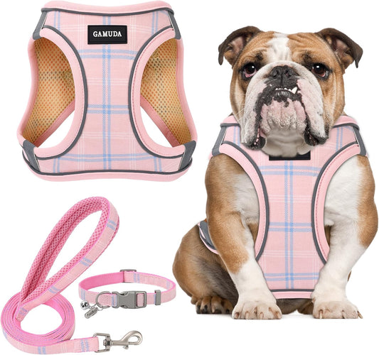GAMUDA Small Dog Harness Collar and Leash Set, Step in No Chock No Pull Soft Mesh Adjustable Dog Vest Harnesses Plaid Reflective for Dogs Puppy Cats Kitten Rabbit (Pink, XL)