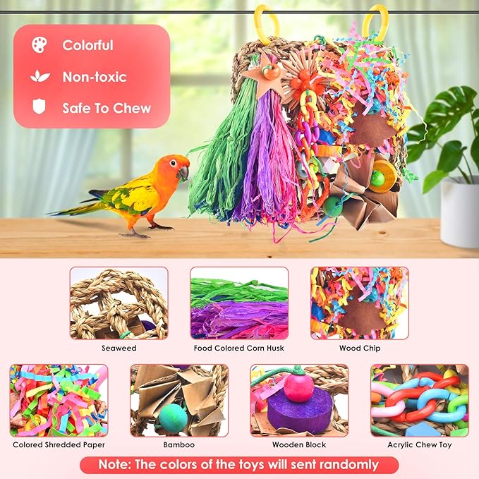 KATUMO Conure Toys, Bird Grass Mat Parakeet Shredder Hanging Toy Cockatiel Foraging Entertainments Parrot Climbing Wall Chewy Lovebird Cage Playthings for Small to Medium Birds