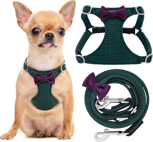 Puppytie No Pull xs Dog Harness with Multifunction Dog Leash,Soft Adjustable No Choke Escape Proof Pet Harness Vest,Plaid Green,xs